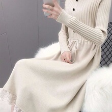 加绒加厚宽松秋冬毛衣裙半高领蕾丝针织连衣裙针织女针织中长款