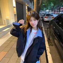撞色拼接假两件外套女开春2025新款美式复古宽松情侣翻领开衫夹克