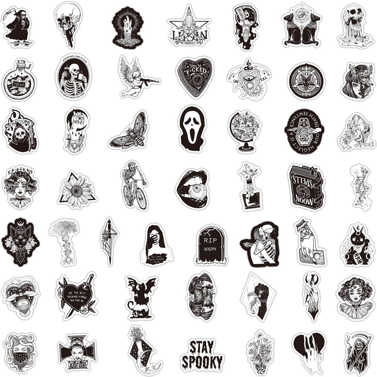 50 pegatinas góticas en blanco y negro bruja cráneo pegatinas de graffiti scooter guitarra taza de agua caja de la carretilla pegatinas de ordenador