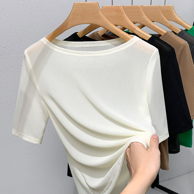 Camiseta de mediados de manga de las mujeres 2023 nuevas mujeres europeas elegante fuera del hombro de malla de color sólido de la cintura-apretado tramo superior image 3