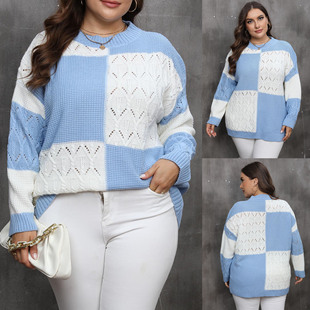plus size women's autumn and winter new cross-border supply European and American women's jacket pullover contrast stitching plaid sweater