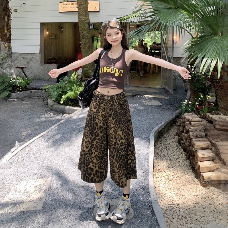 American Retro Leopard Print Cropped Pants for Women 2026 Summer New Style Lazy Style Straight Loose Wide-Leg Denim Shorts