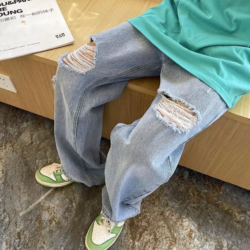 ins Hip-hop High Street Fashion Brand Retro Torre Pants Knee Ripped Casual Straight Jeans Men's Loose Wide-leg Pants
