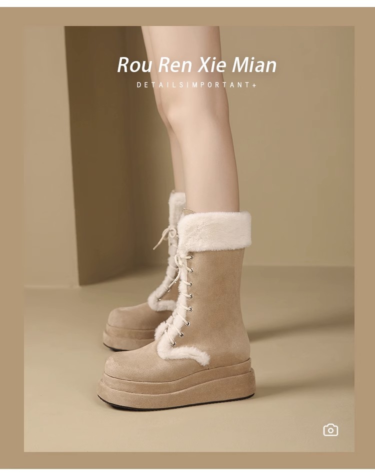 2024 nouvelles bottes de neige à semelles épaisses en fourrure mi-tube hiver fourrure intégrée en peluche épaisse chaussures en coton rehaussant la hauteur_voghion.com