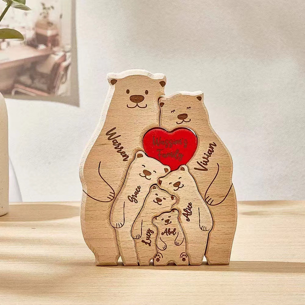 Amazon wooden jigsaw cute bear suit solid wood carving mother and child bear warm family handicraft ornaments
