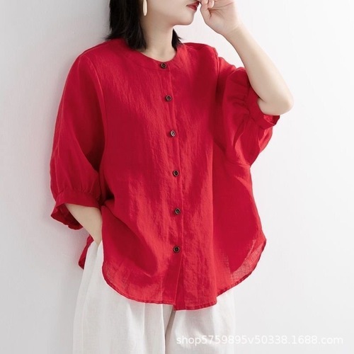 Spring and Autumn Cotton Linen Blouse Women Lantern Sleeve Retro Literary Top Plus Size Loose Medium Sleeve Blouse for Women Trendy
