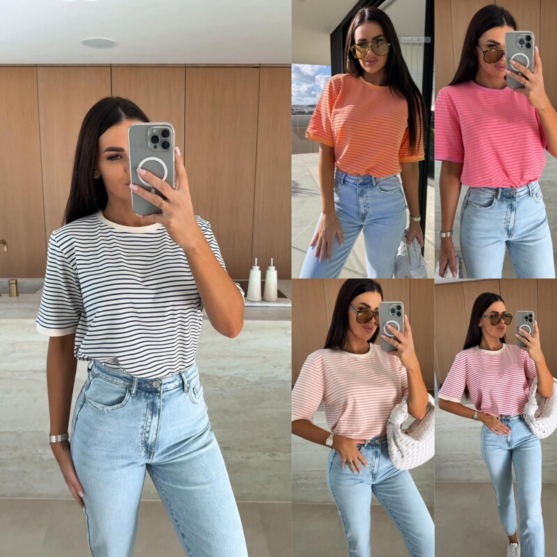 2025 independent station wish Amazon explosion summer casual striped round neck loose color matching short sleeve women's T-shirt 2025 independent station wish Amazon explosion summer casual striped round neck loose color matching short sleeve women's T-shirt