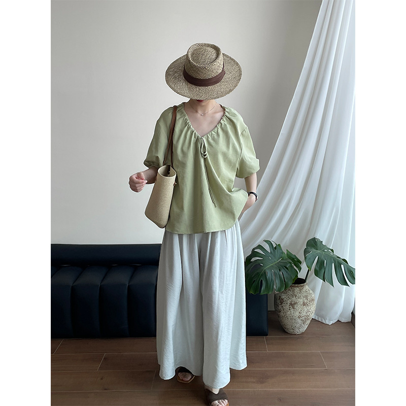 [Year-End Benefits Are Non-Refundable] V-Neck Drawstring Blouse for Women, Loose, Simple, Versatile Shirt Top 2738