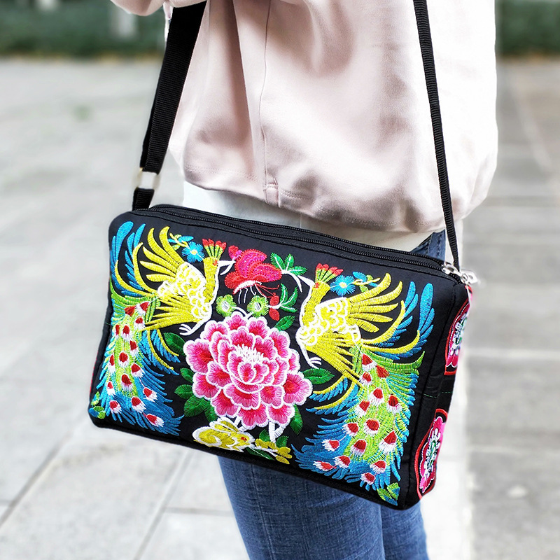 Bolso bandolera bordado de lona de estilo étnico Bolso bandolera bordado Hanfu retro Teléfono móvil Monedero Purse