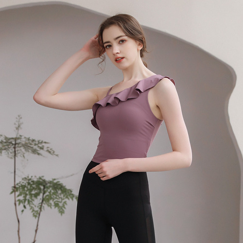  Sexy sling yoga clothes top for small people with navel exposed and tight ruffled short-sleeved women's summer straps with chest pads