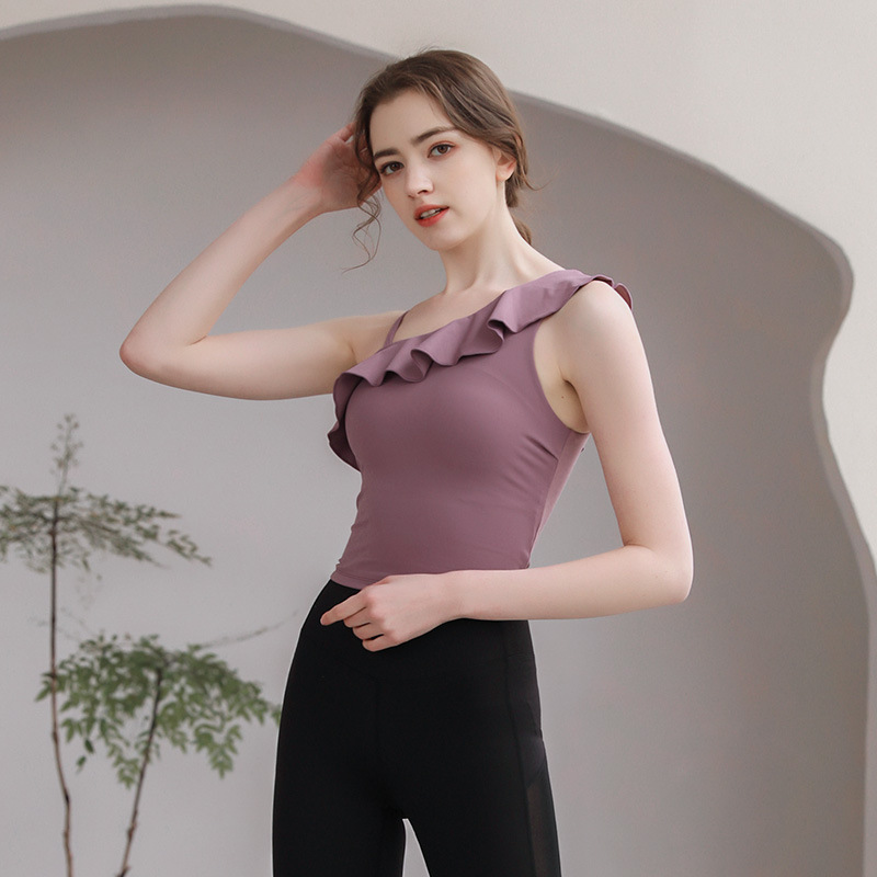 Ruffled Yoga Clothing Women's Spring and Summer Sports Top with Chest Pad Advanced Pilates Training Fitness Clothing Navel Leakage