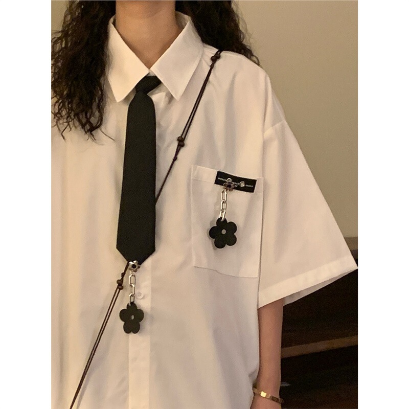 Naga Homemade 2025 Summer Japanese Style Retro Neutral Preppy Style Jk Tie Pure Color Short-Sleeved Shirt Tops for Men and Women