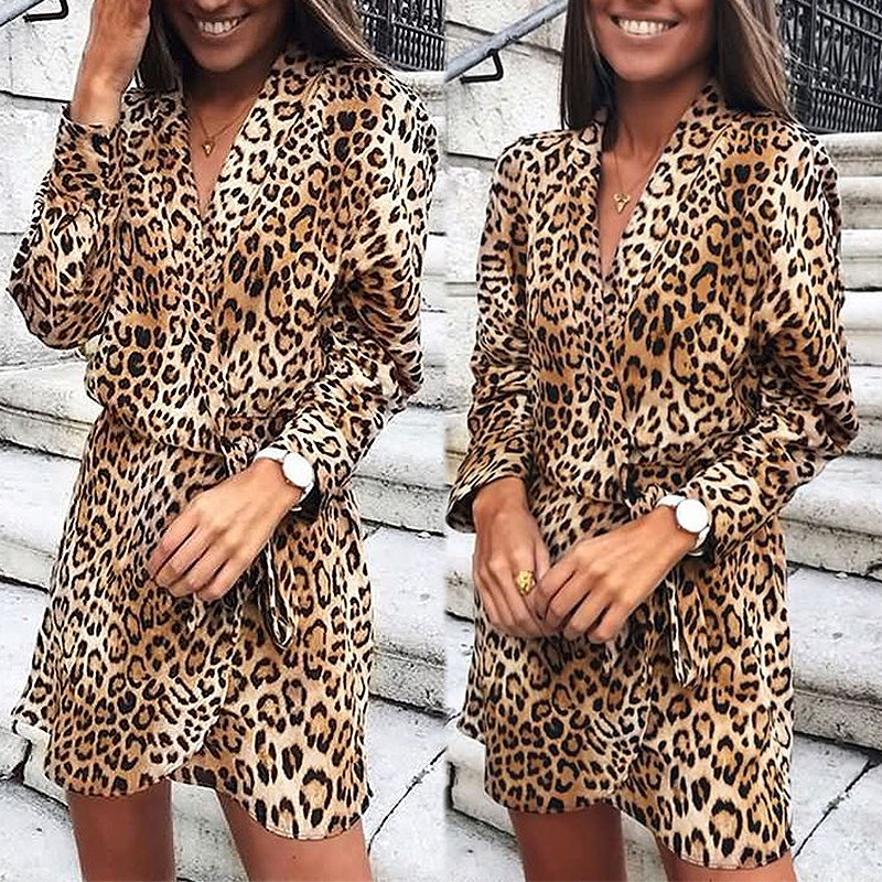 new leopard print long-sleeved V-neck irregular dress NSZH27029