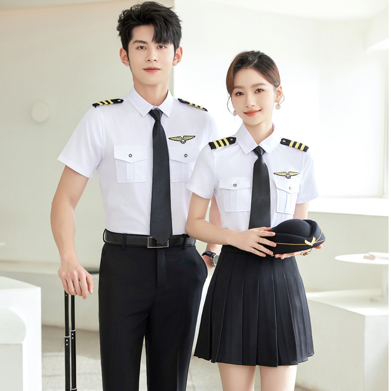 Men's and women's red shirt aviation pilot stewardess uniform machine long air band performance White business wear shirt