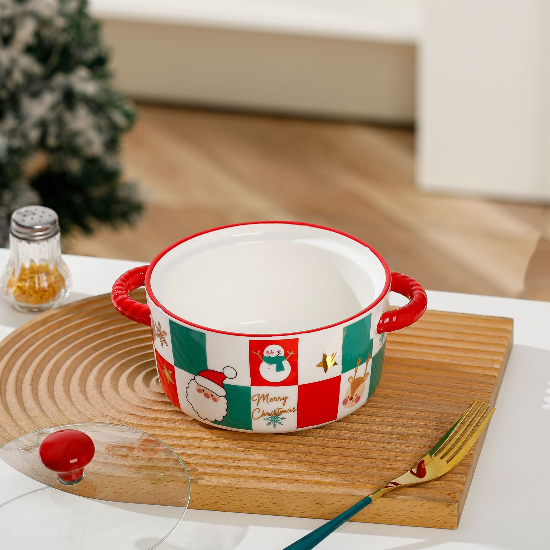 Cuenco de fideos instantáneos de cerámica con tapa de Navidad