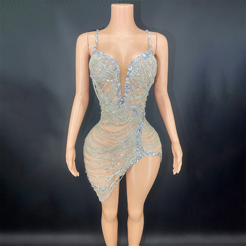 Diamond Long Dress Birthday Costume Metallic Shiny Diamond Sexy Slim Spaghetti Strap Tassel Dress Party Short Diamond Long Dress Birthday Costume Metallic Shiny Diamond Sexy Slim Spaghetti Strap Tassel Dress Party Short