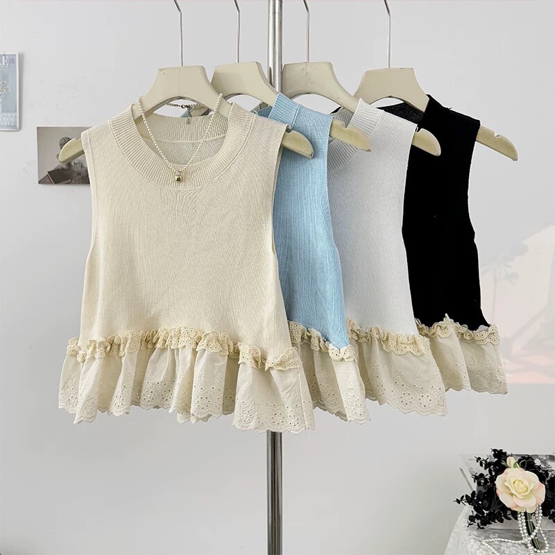 Designed Ruffled Splicing Lace Round Neck Sleeveless Sweater Summer New Sweet Slimming Slim Top for Women