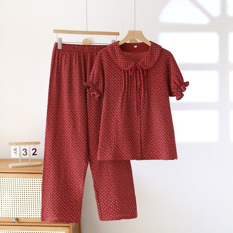 Sweet Doll Pajamas Women's Short-sleeved Trousers Spring and Summer New Korean-style Cotton Double-layer Gauze Home Clothes plus size suit Sweet Doll Pajamas Women's Short-sleeved Trousers Spring and Summer New Korean-style Cotton Double-layer Gauze Home Clothes plus size suit