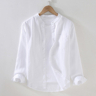 9702 Pure Linen Shirt Men's Stand Collar Flap Pocket Pants Loose Casual Long-Sleeved Shirt Chinese Style Retro Cotton and Linen Shirt