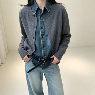 2026秋冬牛仔拼接针织长袖开衫女翻领纽扣毛衣外套休闲风针织开衫