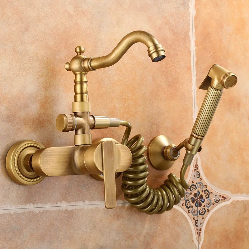 All-Copper Vintage Kitchen Wall-Mounted Faucet, European-Style Dual-Hole Hot and Cold Water Mixer for Balcony, Antique-Style Laundry Sink and Bathtub