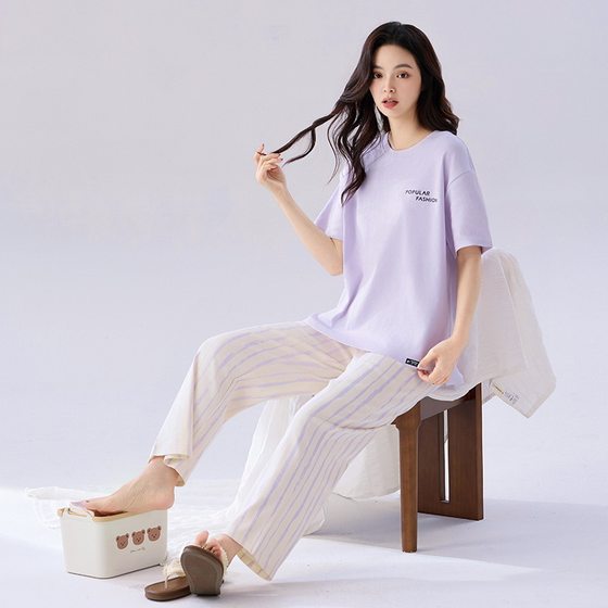 Pure Cotton Pajamas Women's Spring and Summer Thin Short-sleeved Trousers Home Clothes Summer 2025 New Summer Simple plus size suit