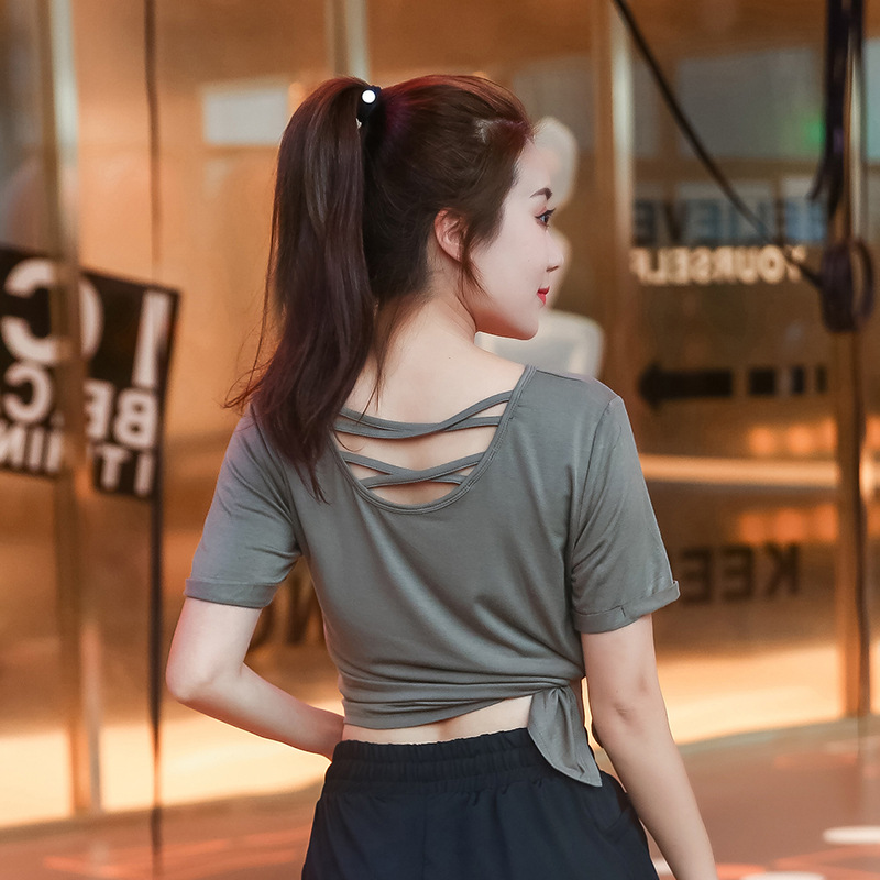 plus size Yoga Clothes T-Shirt Women's Gym Cross Strap Quick-drying Clothes Summer Running T-chubby girl Loose Sports Top