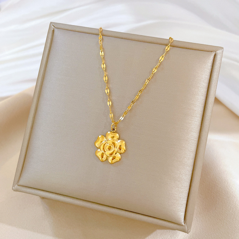 Lady Flower Titanium Steel Gold Plated Pendant Necklace