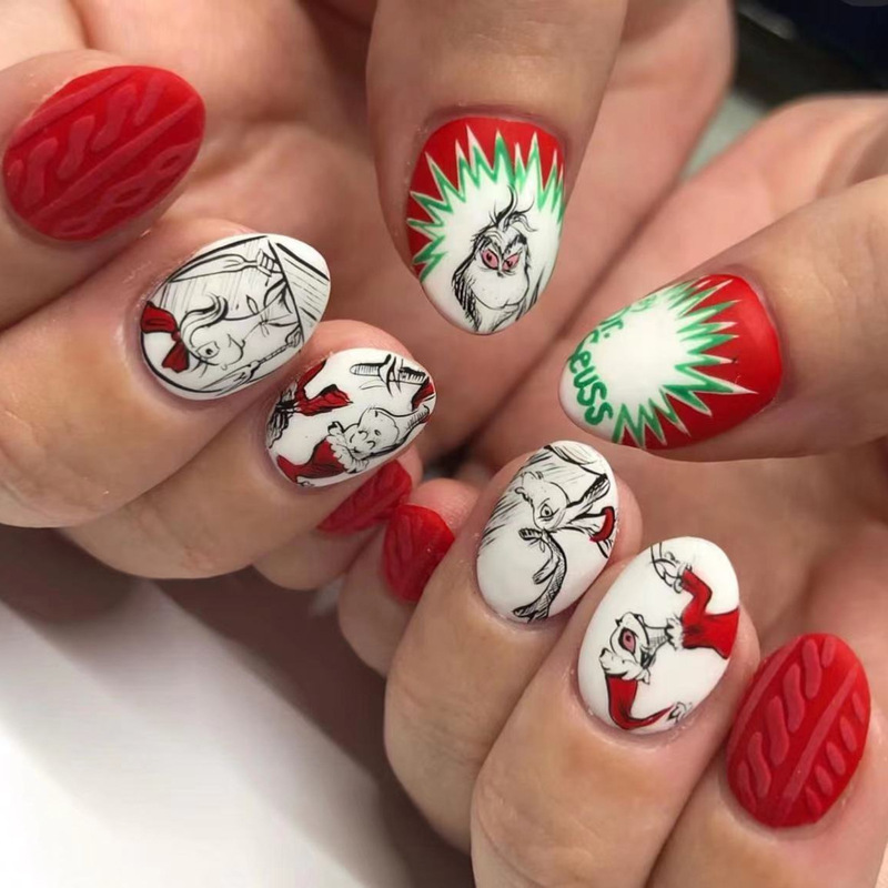 Christmas black white red cartoon Grinch design Oval matte wear nail polish 3D relief sweater fake nails Christmas black white red cartoon Grinch design Oval matte wear nail polish 3D relief sweater fake nails