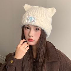 日系可爱猫耳朵毛线帽子女冬季加厚防风套头帽日系保暖护耳针织帽