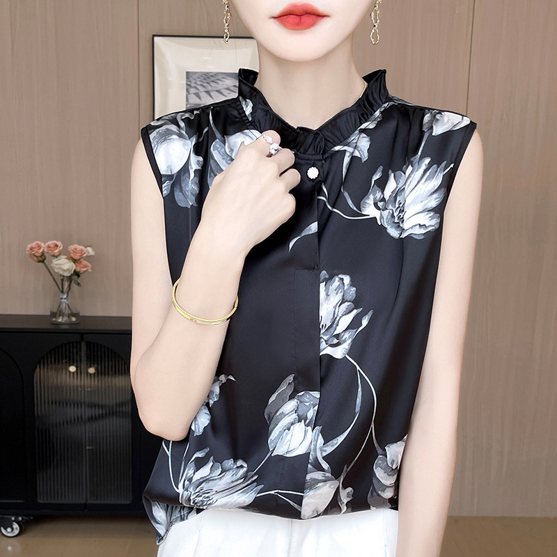 -时尚简约风！无袖木耳领小衫女醋酸缎面质感柔软时尚气质女神