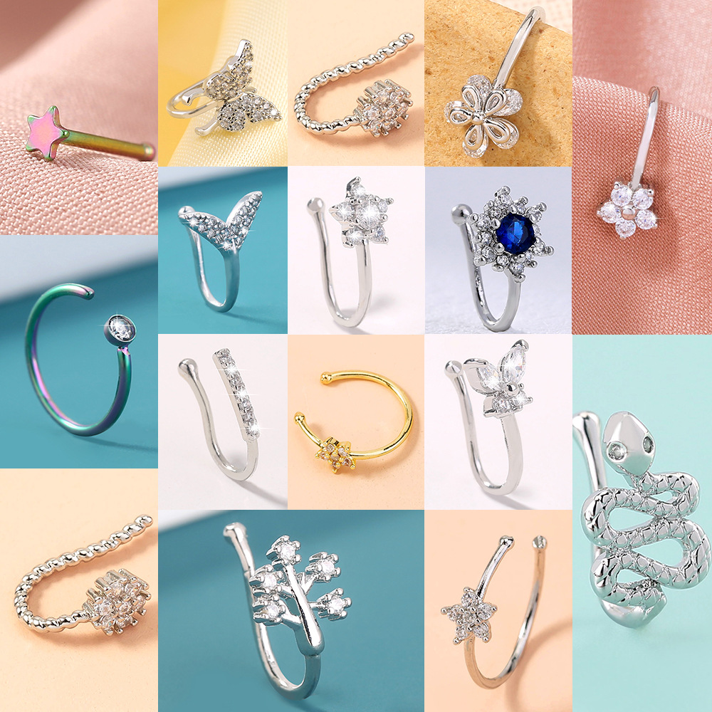 歐美直杆多色不鏽鋼五角星個性誇張鼻釘鼻環穿刺飾品批發唇釘眉釘