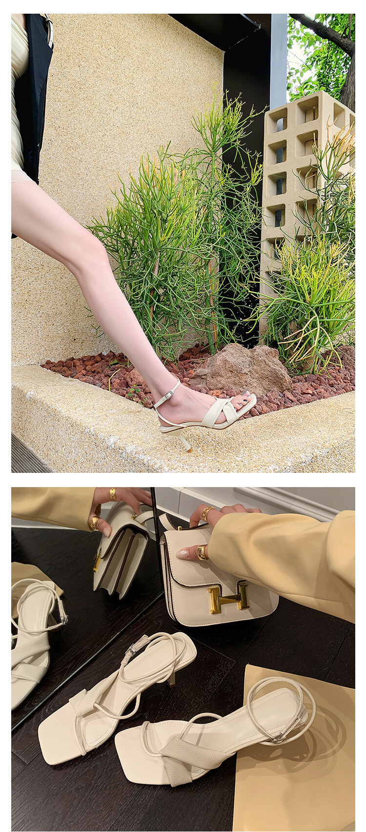 Sandal cao gót nữ hở mũi quai khóa cổ chân gót nhọn 9 cm — Màu vàng, Màu trắng be, Màu bạc chi tiết 1