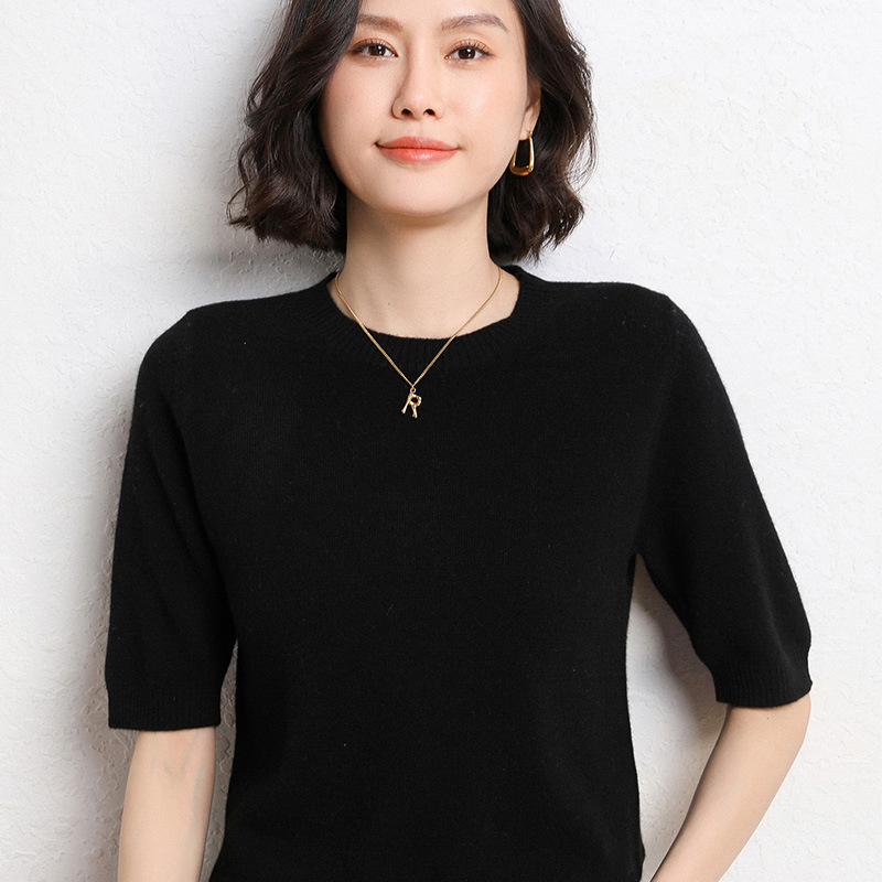2025年春夏新作ニット半袖女性丸襟ボトムニットプルオーバー半袖セーターゆるいボトムセーター|undefined