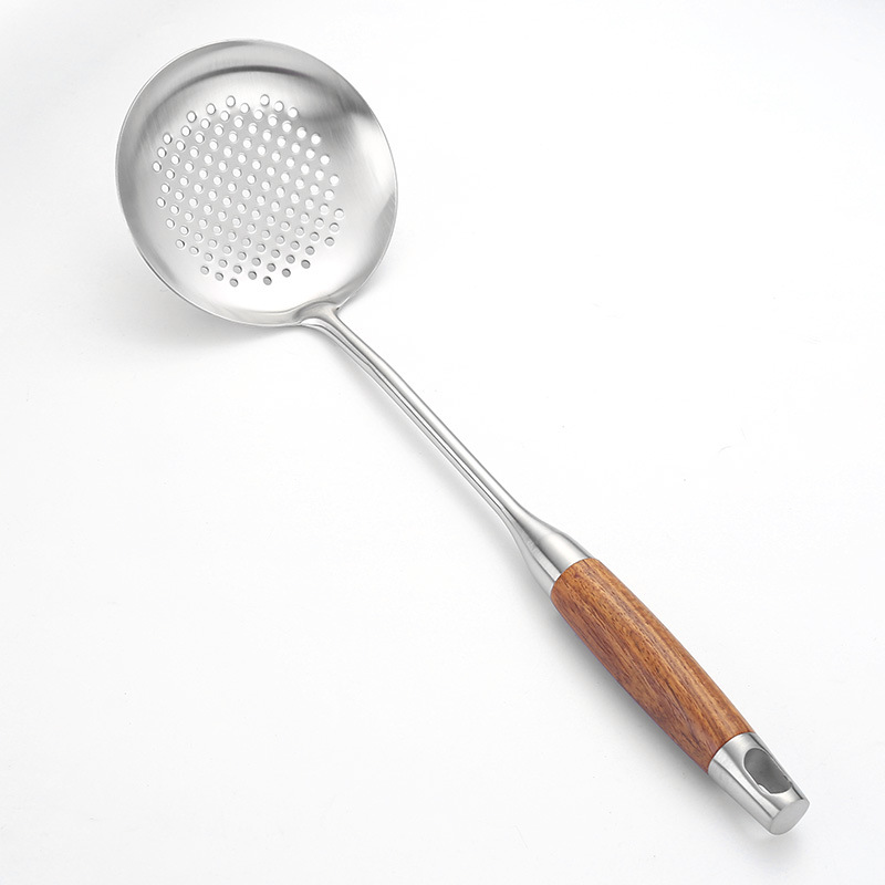 304 espátula de acero inoxidable pera flor mango de madera cocina 6 piezas cuchara de sopa espátula de fideos gran drenaje cuchara de arroz espátula de pescado