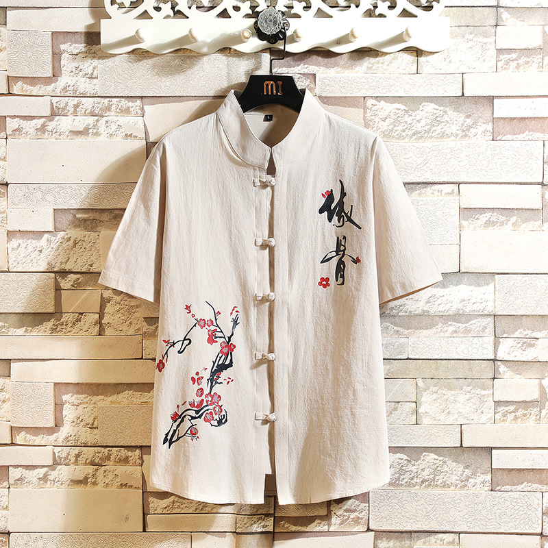 Chinese style pure cotton short-sleeved shirt for men, retro style with frog buttons