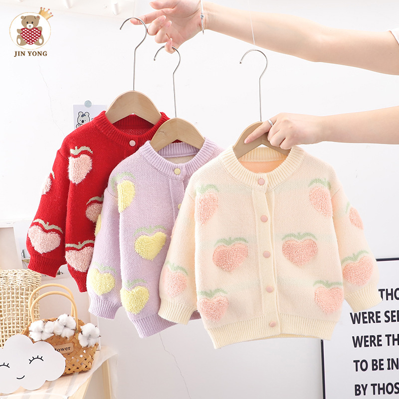 2024 frühjahr Neue Koreanische Herbst und Winter Mädchen Rundhals Pullover Strickjacke Große Pfirsich Cartoon Kinder Top_voghion.com