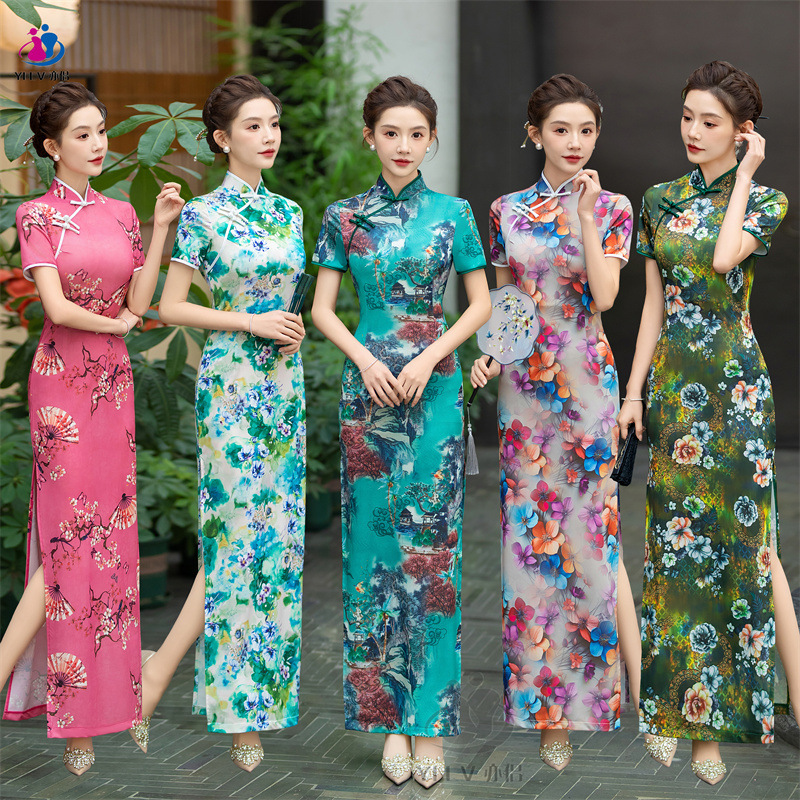 Elegant Long Cheongsam Dress, Slim Fit, Summer Style, Vintage Republic of China Style, Youthful, Classy, Grand, Runway Performance, Chinese Style