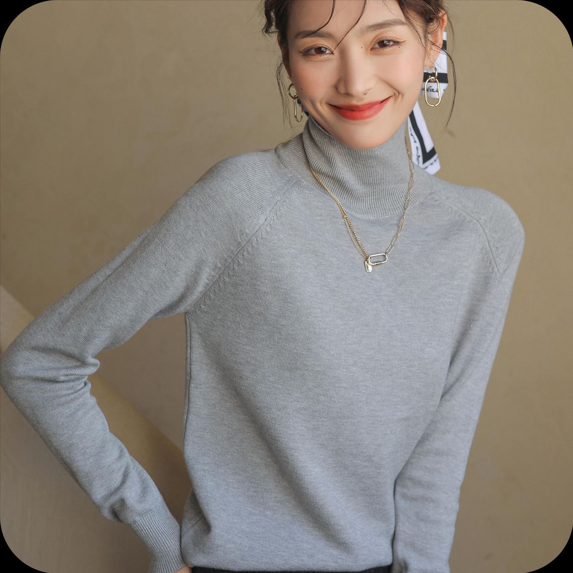 Suéter de punto con cuello medio alto, versátil, corte ajustado, para primavera, otoño e invierno, estilo nuevo 2026, manga larga, capa base elegante para mujer image 10
