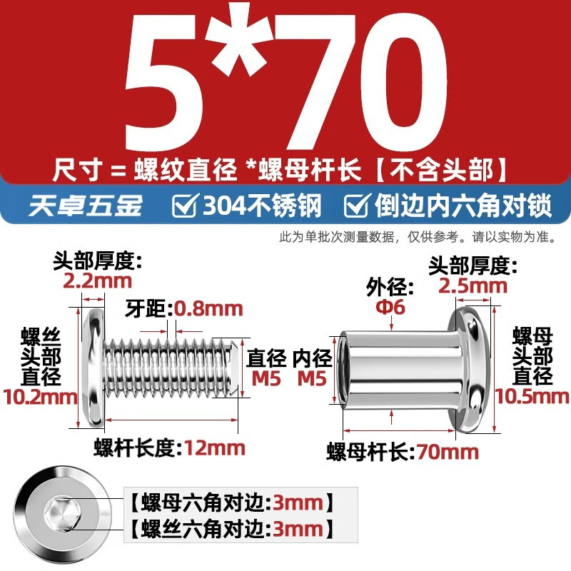 304ステンレスペアロックねじナット逆エッジ内六角子母家具接続クランプ突合せボルトM3-M8|undefined