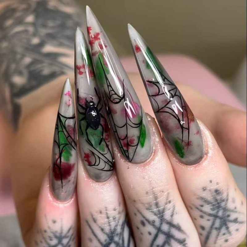 Halloween Red Green Blood Spider Cobweb Design Gray Cat Eye Long Pointed Almond Nail Art Nail Tips Fake Nails