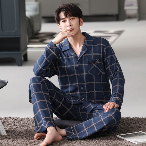 Men's Sleepwear Autumn/Winter Long Sleeve Set 100% Cotton Mid-Youth Loose and Fat Plus Size Collared Pajamas Home Wear