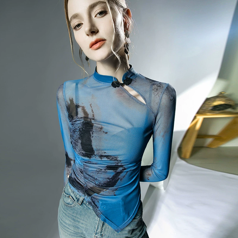 Топ для бальных танцев весна 2025, новый, длинный рукав, с принтом, сетчатый, для латиноамериканских танцев, для женщин, взрослых, национальный стандарт, современные танцы.