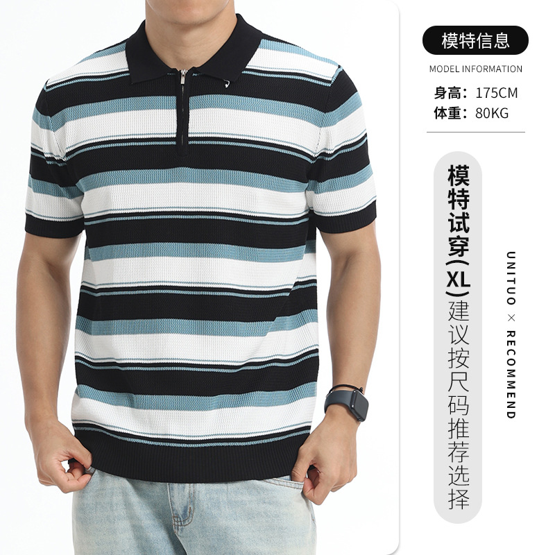 Cross-border 2026 verano hombre rayas hielo tejedido polo medio cremallera solapa camiseta de negocios de manga corta camiseta casual