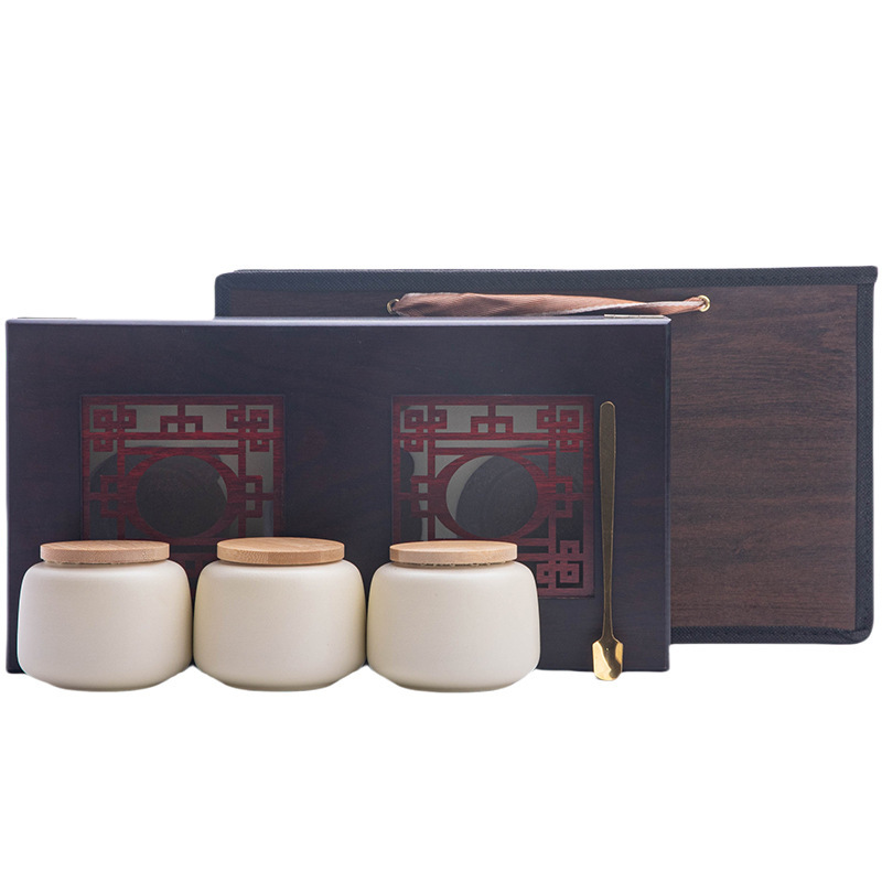 高档木盒陶瓷小茶叶罐碎银子金骏眉银针白茶通用三罐茶叶盒三两装|undefined
