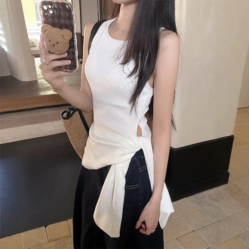 Stylish strapless sleeveless t-shirt vest for female students, summer hot girl slim-fit versatile white tight top, trendy Stylish strapless sleeveless t-shirt vest for female students, summer hot girl slim-fit versatile white tight top, trendy