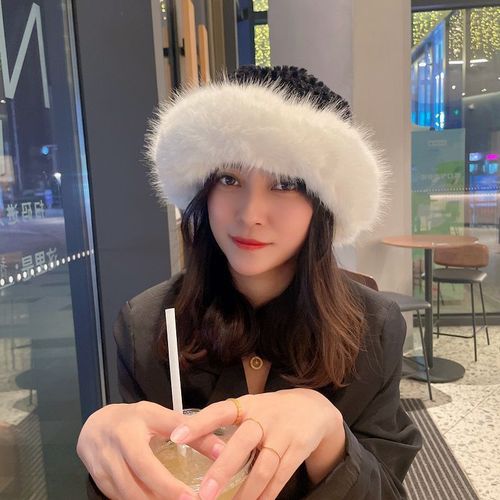 Women's Winter Korean Version Trend Plush Warm Bunny Fur Fisherman Hat Autumn Winter Fleece Ear Warming Face Slimming Bucket Hat