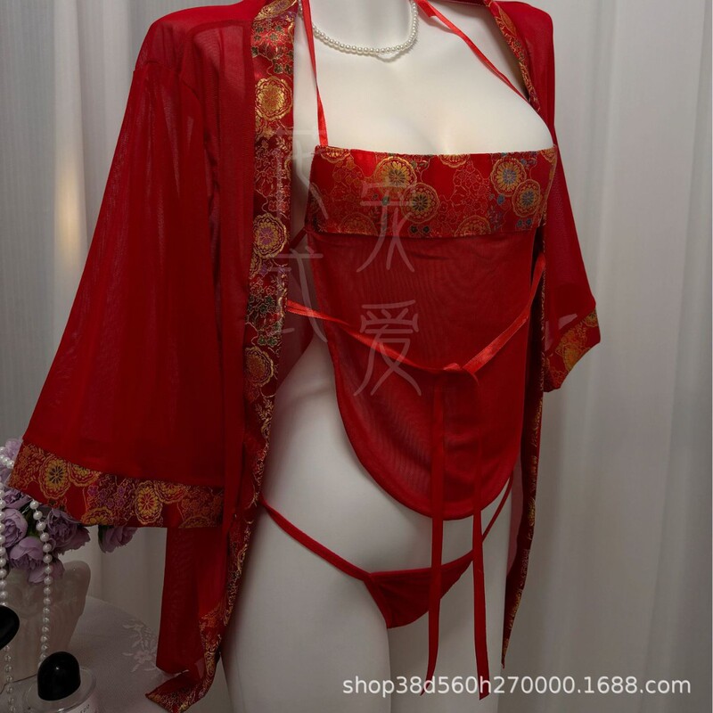 Plus-Size Lingerie with a Sensual Touch, Hanfu with Sheer Mesh, Ancient Bathrobe, Alluring Red Bridal Outfit