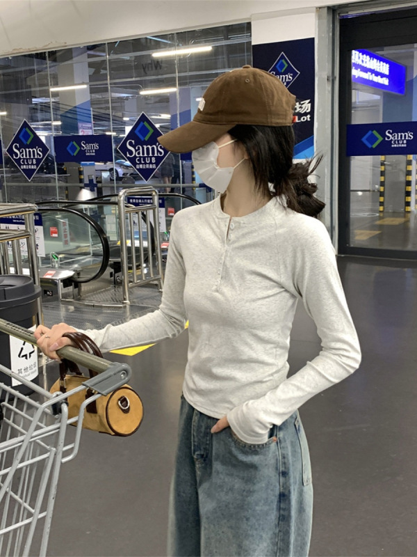 纽扣半开领长袖T恤女春秋冬季2025设计感插肩袖内搭短上衣打底衫|undefined