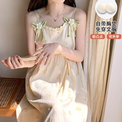 女性用胸パッド付きサスペンダーナイトガウン、夏用薄手で涼しいパジャマ、大きいサイズ、甘くて爽やかなホームウェア、屋外で着用可能